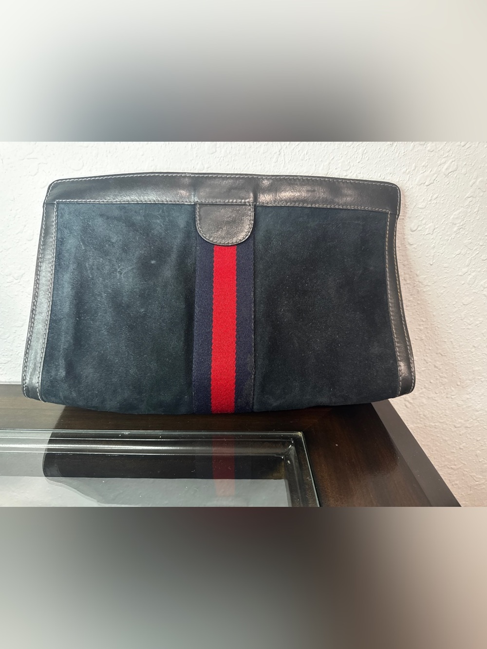Gucci Navy Suede Toiletry Bag with Red Center Stripe